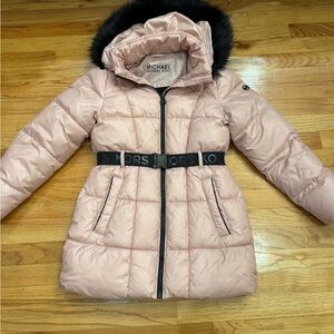 Girls Michael Kors Blush Puffer Coat with Black Trim